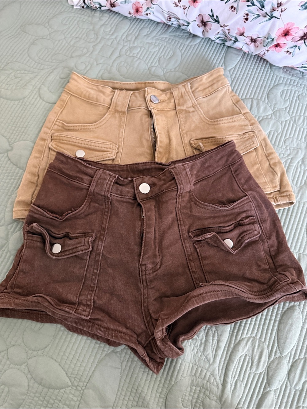 Set of 2! High-Waist Cargo Pocket Women’s Shorts - Brown and Tan